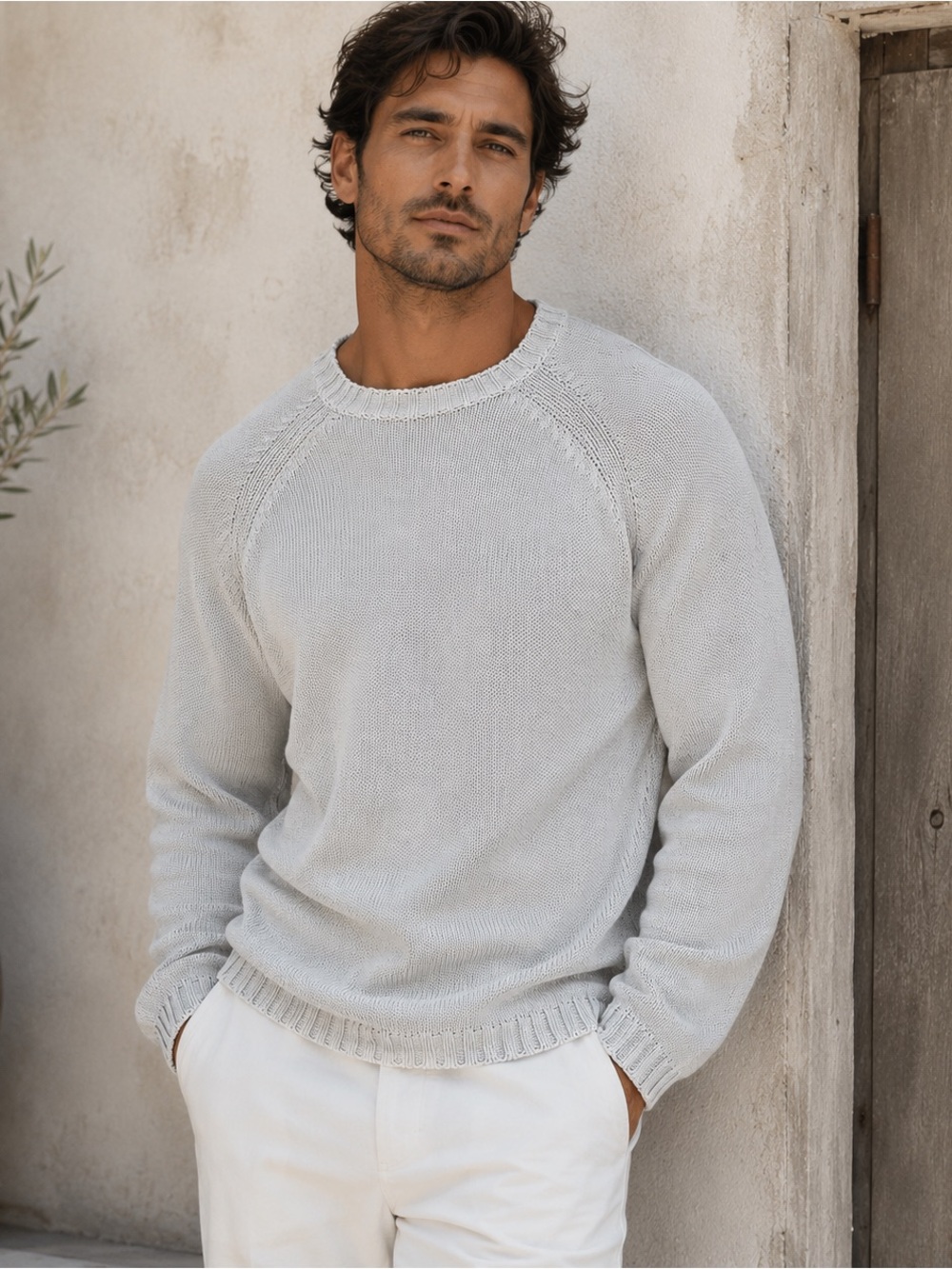 CLAUDE MONTANA Classic Crewneck Sweater in Stone